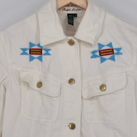 Ralph Lauren Jeans Co. Beaded Off White Denim Jacket Sz M Southwestern Rare VTG - Picture 3 of 10
